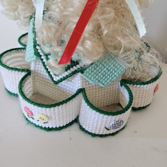 Vtg Handmade Plastic Canvas Table Top Doll Floral W/Organization Trinket Holder - Picture 8 of 13